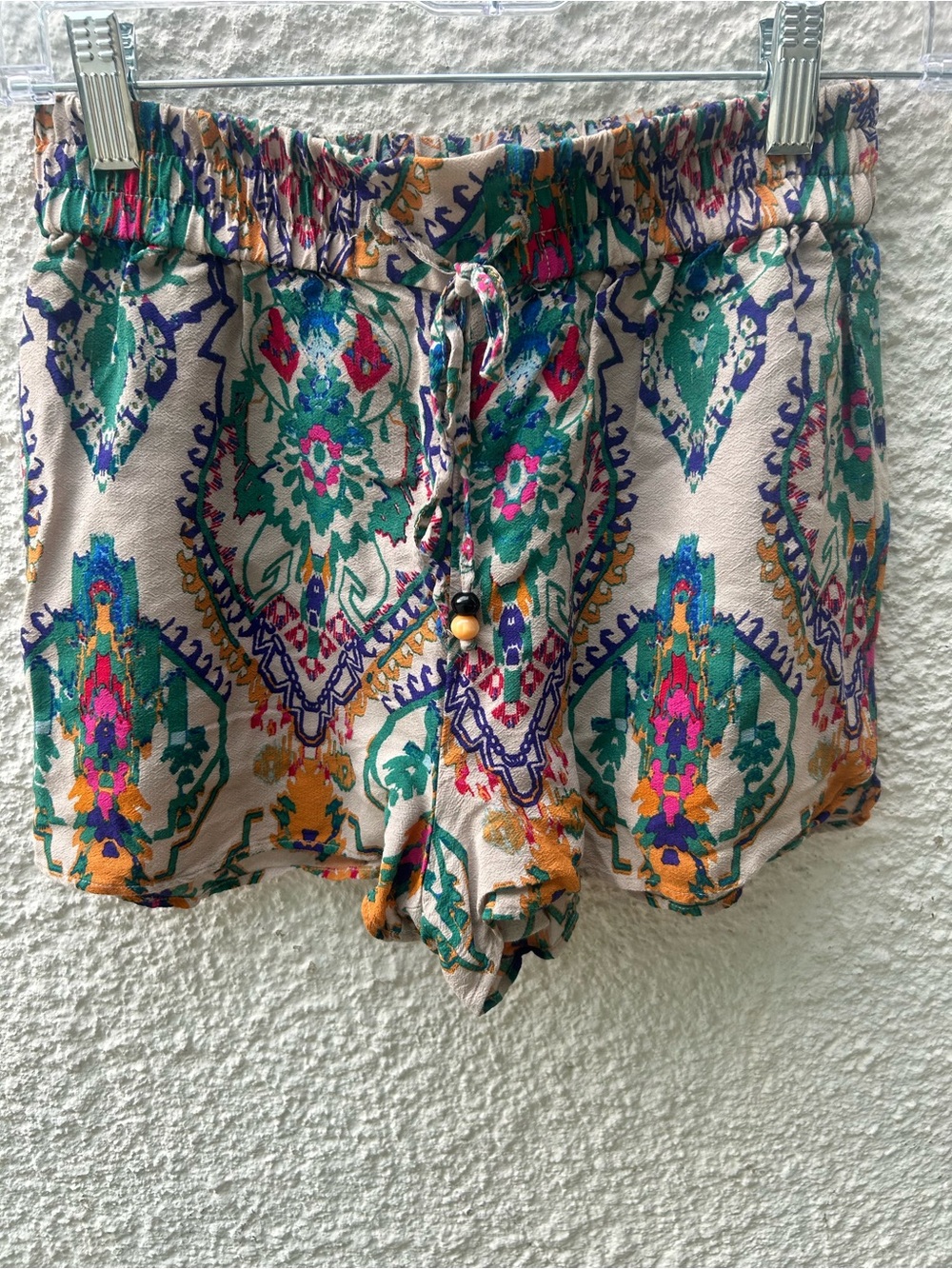 Zara High-Waist Drawstring Shorts - Beige, Green & Pink